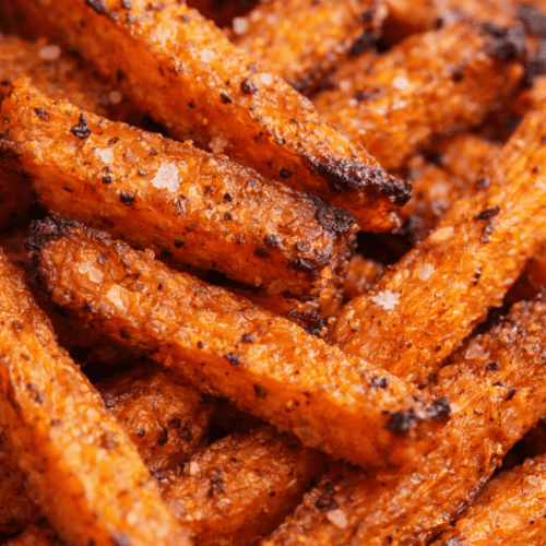 Nahaufnahme von knusprigen Süßkartoffel-Pommes mit sichtbarer Stärke-Kruste, karamellisierten Stellen und Gewürzen