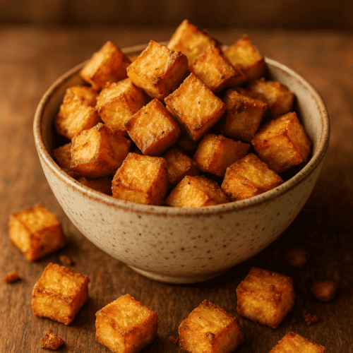 Knusprige Tofu-Würfel aus der Heißluftfritteuse in beiger Schüssel auf Holztisch