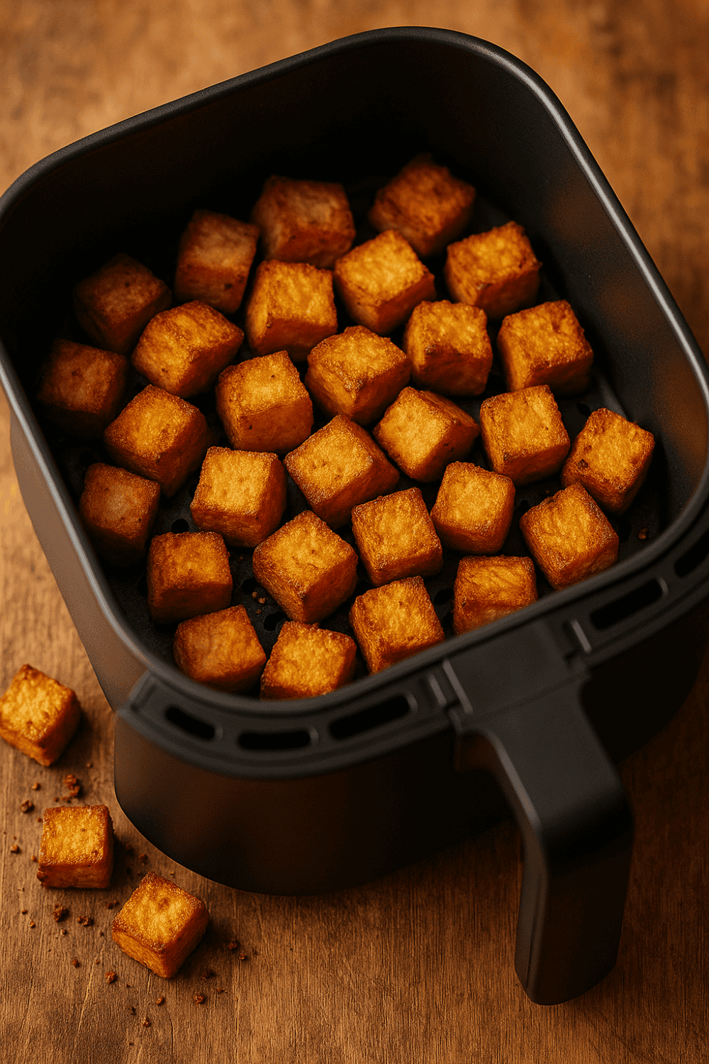 Knusprige Tofu-Würfel aus der Heißluftfritteuse zubereiten im schwarzen Airfryer-Korb