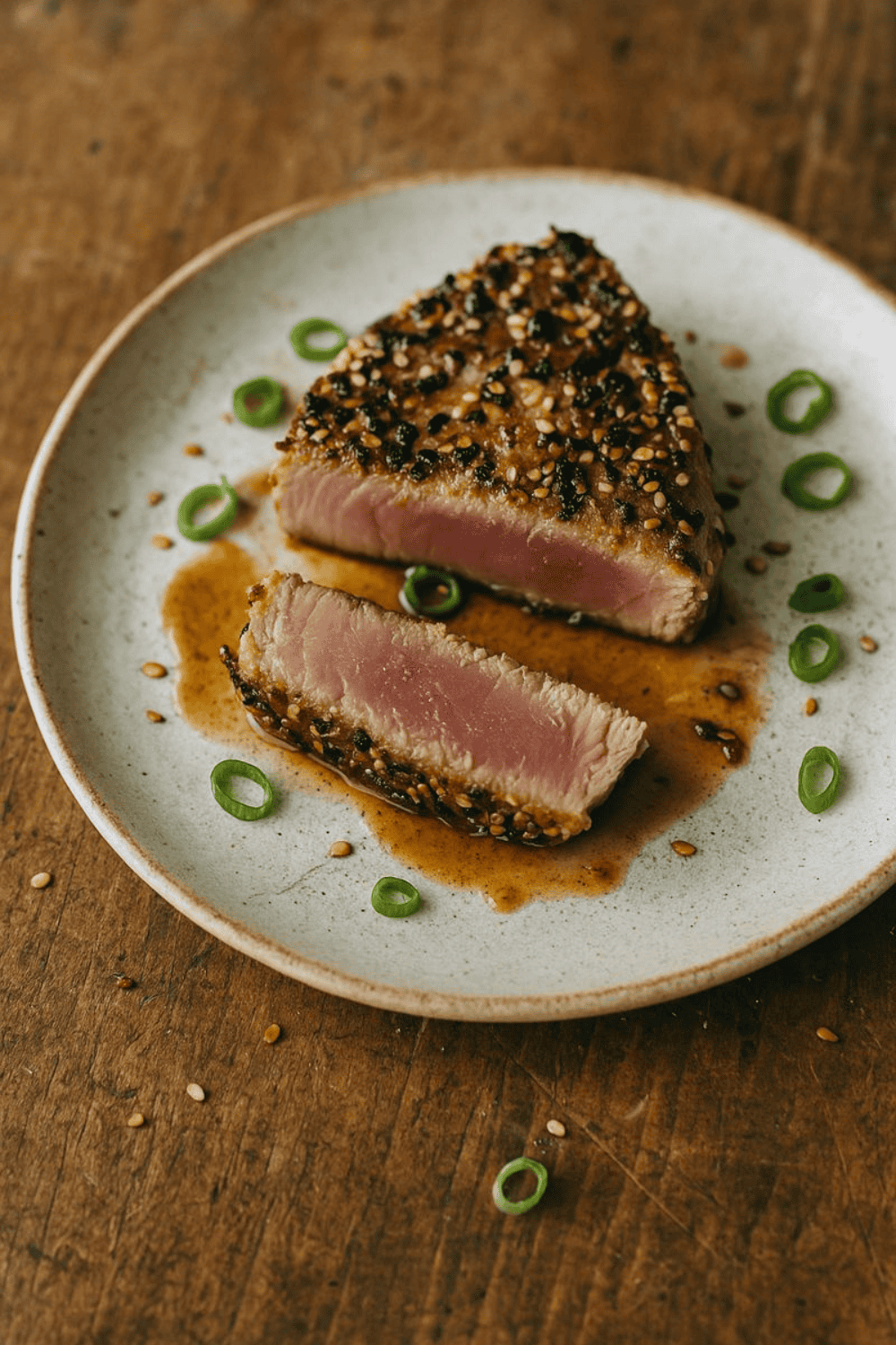 Tinfisch-Steak medium, auf einem Teller angerichtet.