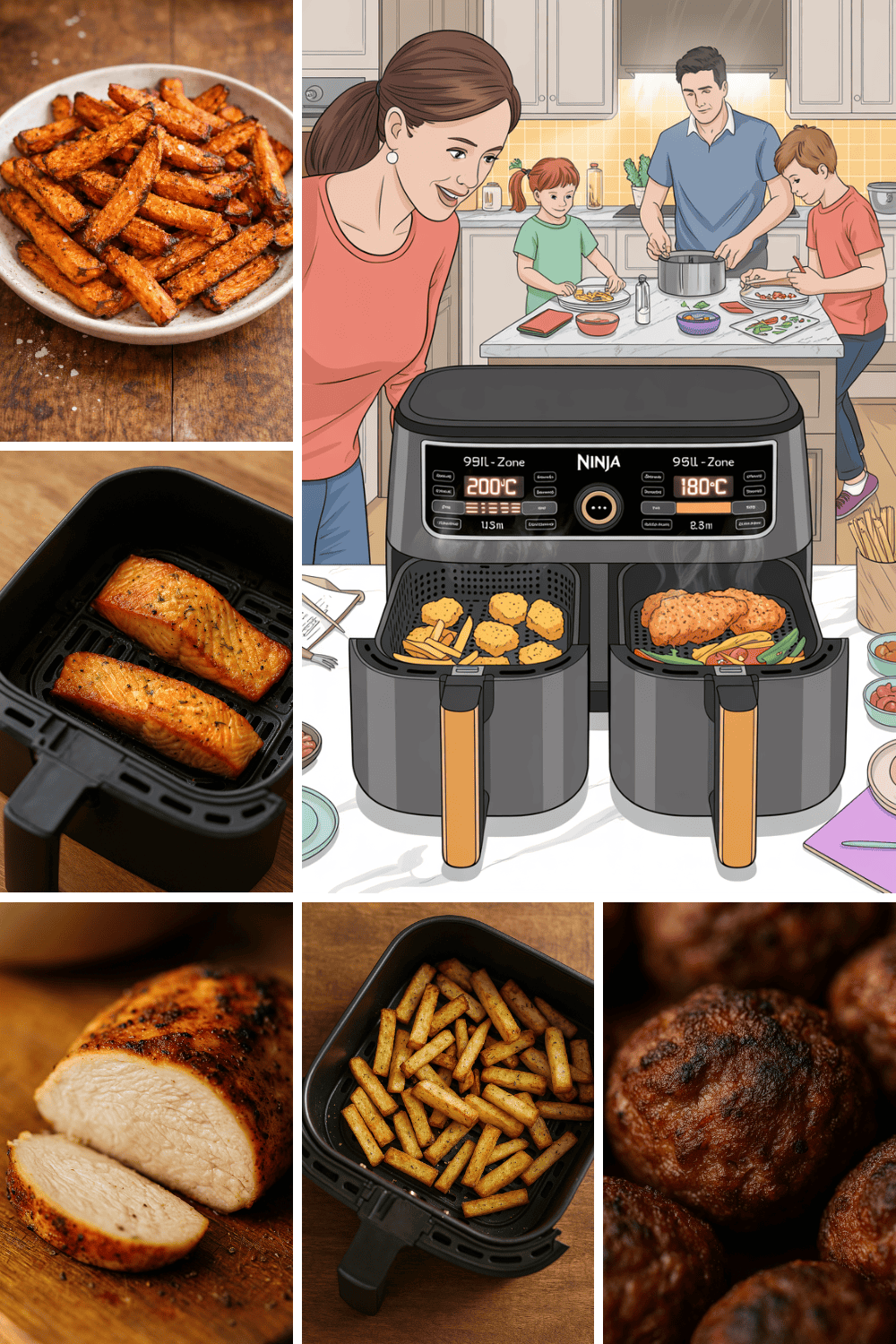 Familie isst unterschiedliche Gerichte aus dem Airfryer. von Pommes über Hackbällchen.