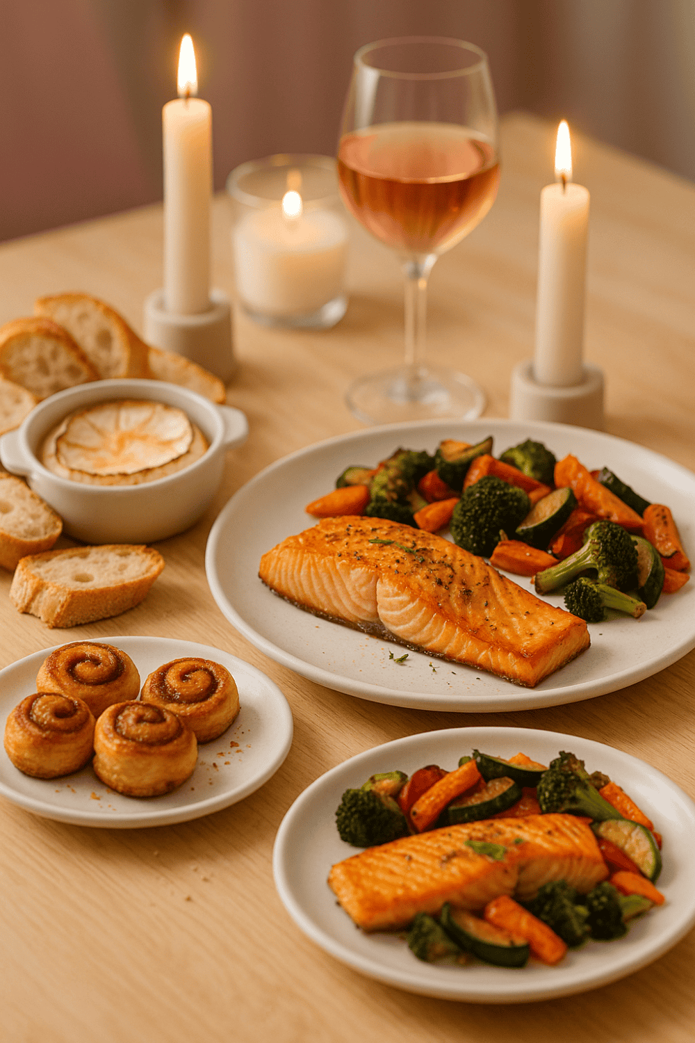 Romantisches Valentinstag-Dinner aus der Heißluftfritteuse: Komplettes 3-Gänge-Menü mit Lachsfilet, Ofengemüse, Ofenkäse, Baguette und Zimtschnecken bei Kerzenlicht