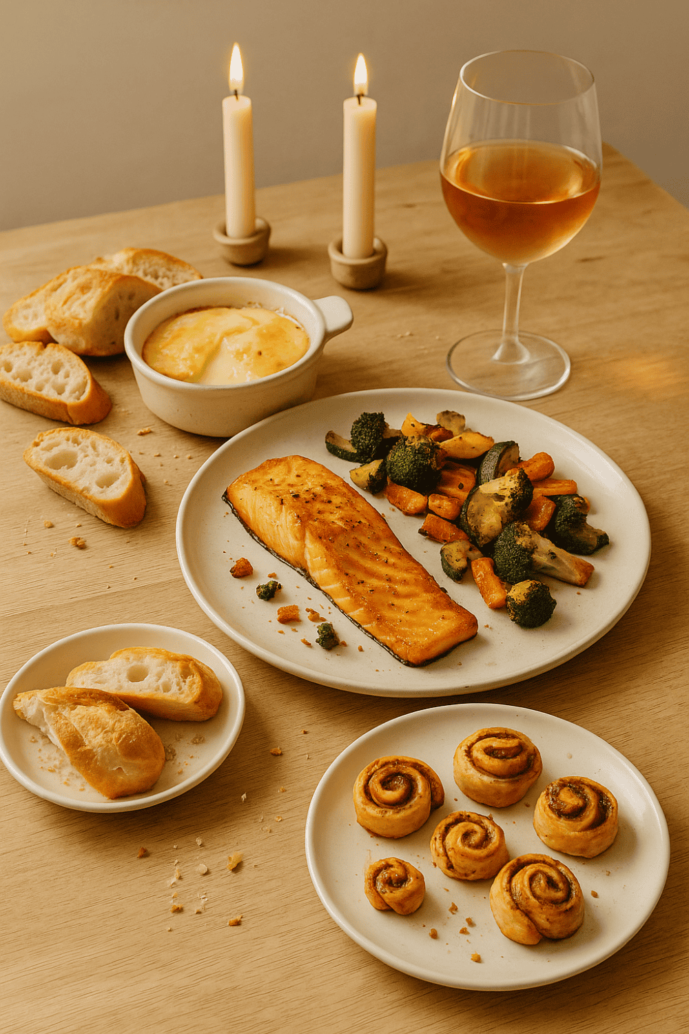 Valentinstag-Menü aus der Heißluftfritteuse von oben: Lachs mit Brokkoli und Karotten, cremiger Ofenkäse mit Baguette, warme Zimtschnecken, Weißwein und Kerzen