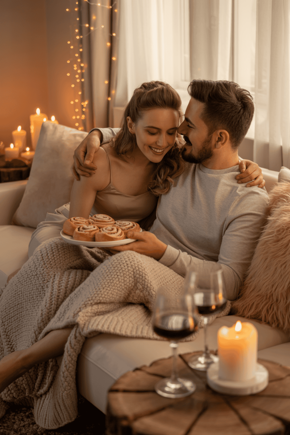 Verliebtes Paar kuschelt auf der Couch mit warmen Zimtschnecken, umgeben von Kerzen und Lichterketten – romantischer Valentinstag-Abend zu Hause