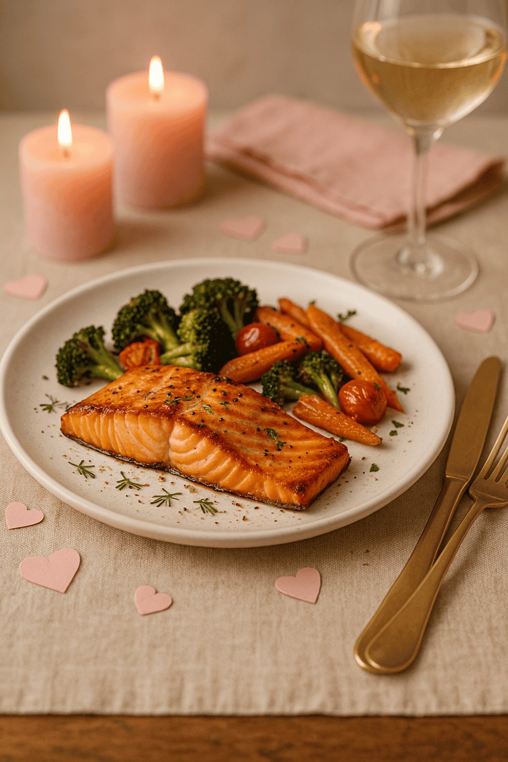 Saftiges Lachsfilet mit geröstetem Wintergemüse aus der Heißluftfritteuse, garniert mit frischen Kräutern, serviert mit Weißwein und rosa Kerzen zum Valentinstag
