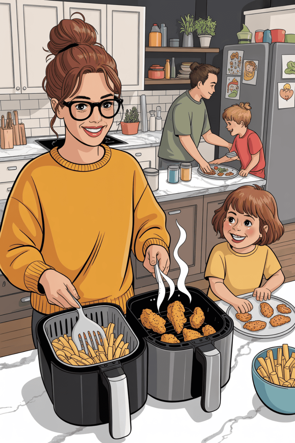 Mutter bereitet Pommes und Hähnchenschenkel in zwei Heißluftfritteusen zu während Kinder und Vater am Esstisch warten