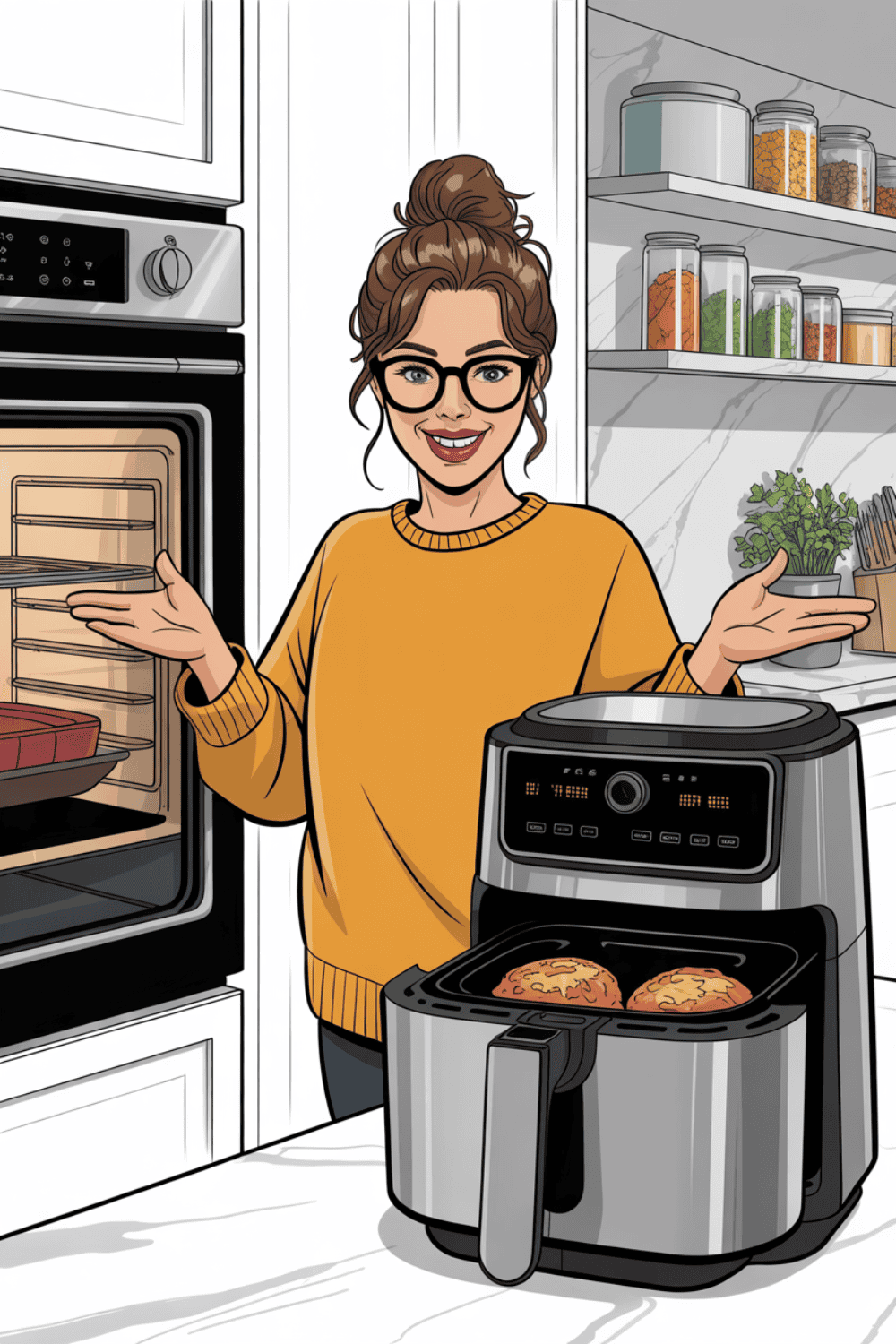 Frau steht zwischen Backofen und Heißluftfritteuse und zeigt Vergleich der beiden Küchengeräte mit frisch gebackenen Brötchen