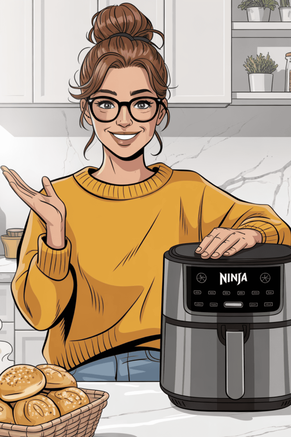 Lächelnde Frau mit Heißluftfritteuse und Korb voller knuspriger Aufbackbrötchen in heller Familienküche