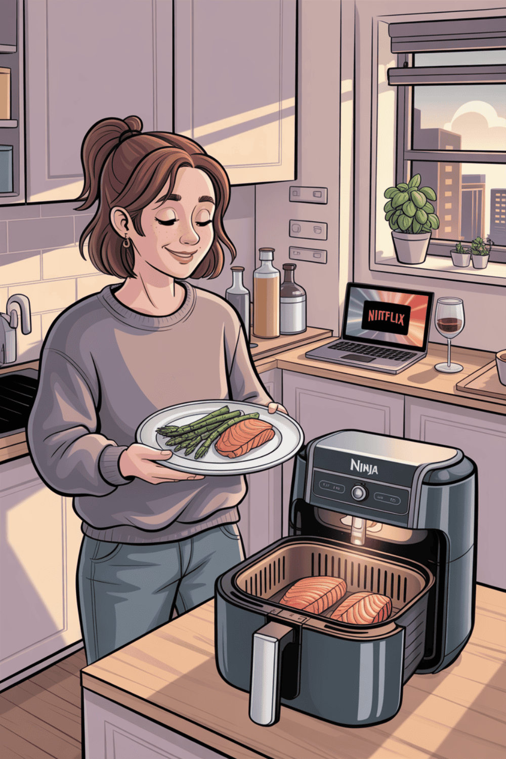 Single-Frau bereitet Lachsfilet mit grünem Spargel in kompakter Heißluftfritteuse zu, Laptop mit Netflix im Hintergrund