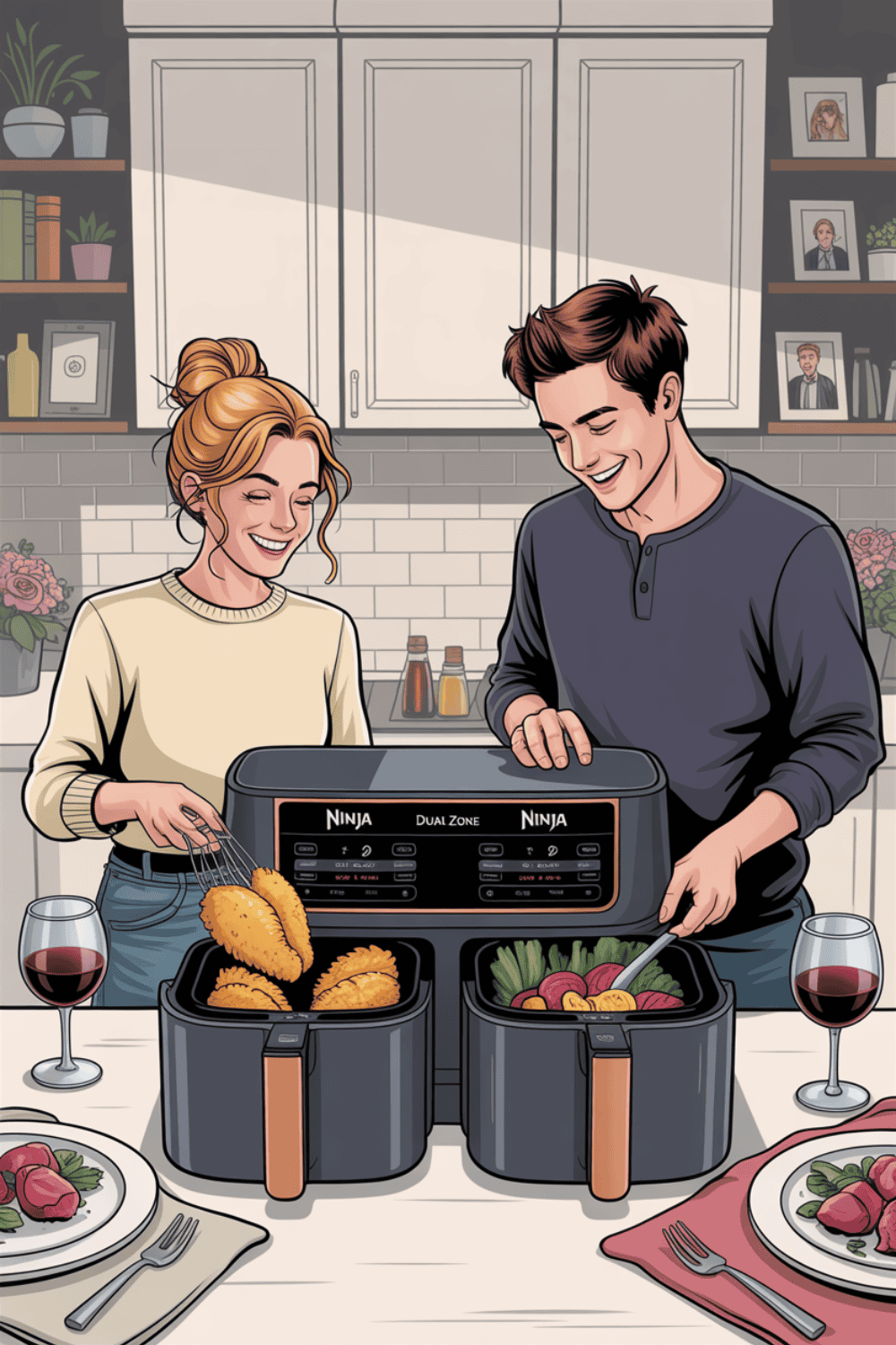 Paar kocht gemeinsam mit Dual-Zone Heißluftfritteuse - Hähnchen und Gemüse gleichzeitig zubereitet, Weingläser auf gedecktem Tisch