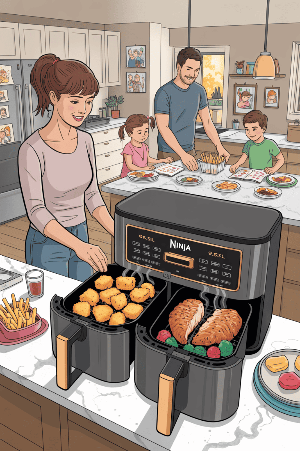 Familie mit zwei Kindern beim Abendessen - Mutter entnimmt Nuggets und Hähnchen aus großer Dual-Zone Heißluftfritteuse, Vater serviert Pommes