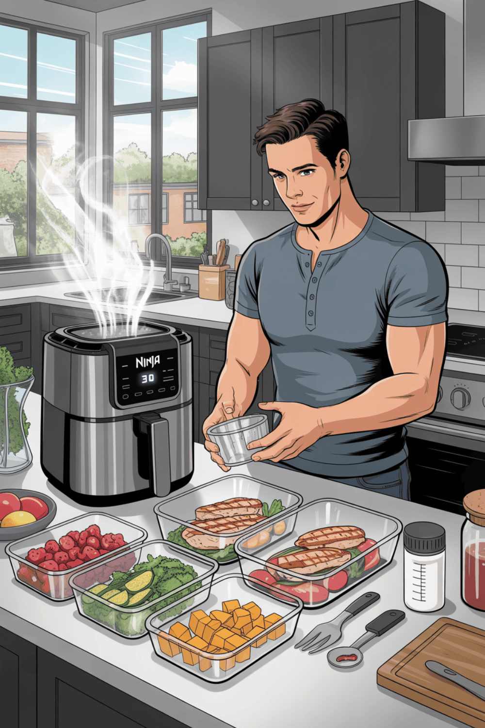 Mann bereitet Meal Prep mit Tower-Heißluftfritteuse vor - vorportionierte Meal-Prep-Boxen mit Hähnchen, Gemüse und Beeren auf der Küchenarbeitsplatte