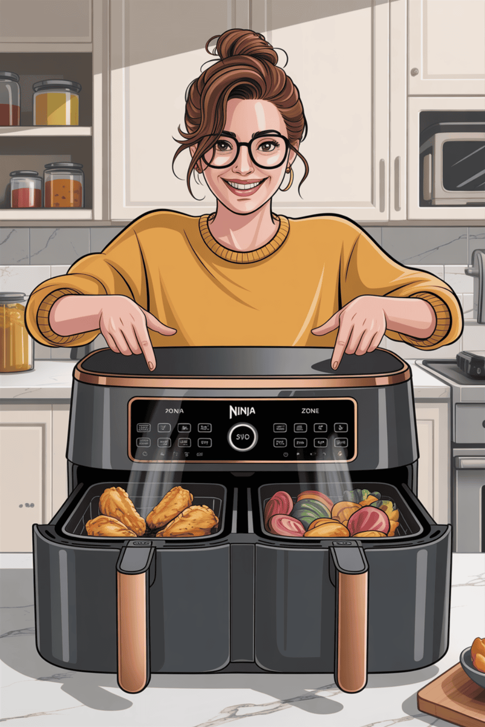 Lächelnde Frau mit Brille präsentiert fertige Mahlzeit aus Dual-Zone Airfryer - knusprige Hähnchenschenkel und buntes Ofengemüse in beiden Garkörben