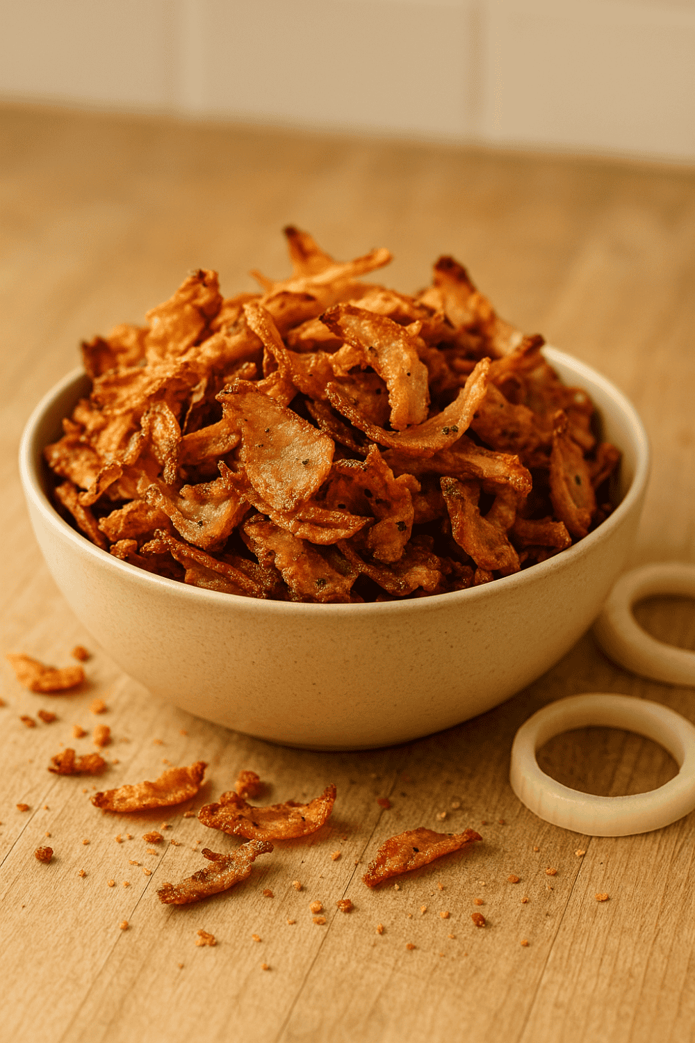 Große Schüssel voller knuspriger Zwiebel-Chips mit rohen Zwiebelringen auf Holztisch