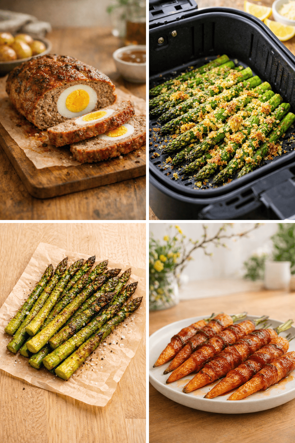 Oster-Hauptgerichte aus der Heißluftfritteuse: Falscher Hase mit Ei-Füllung aufgeschnitten, grüner Spargel mit Parmesan-Kruste im Airfryer, gerösteter Spargel und Honey-Bacon-Karotten