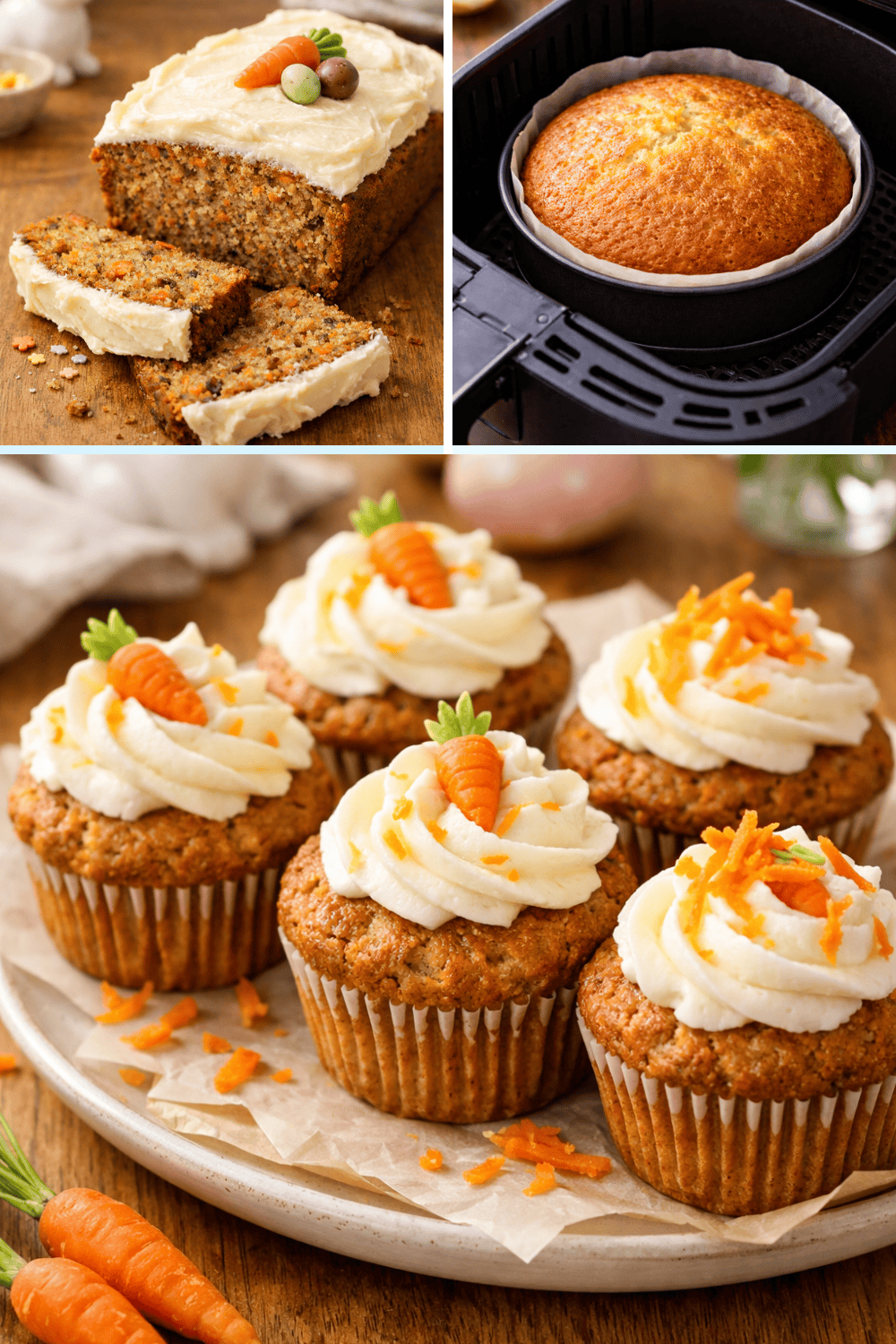 Osterkuchen aus der Heißluftfritteuse: Saftiger Karottenkuchen mit Frischkäse-Frosting, Kuchen in Springform im Airfryer und verzierte Karottenmuffins mit Möhrendekoration