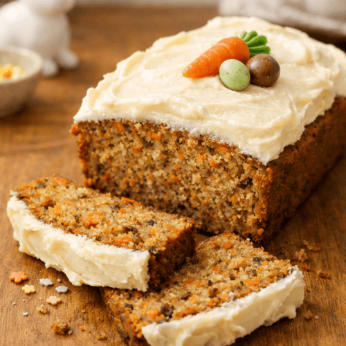 aftiger Karottenkuchen mit cremigem Frischkäse-Frosting auf Holzbrett, dekoriert mit Marzipan-Karotte und bunten Schokoladeneiern für Ostern