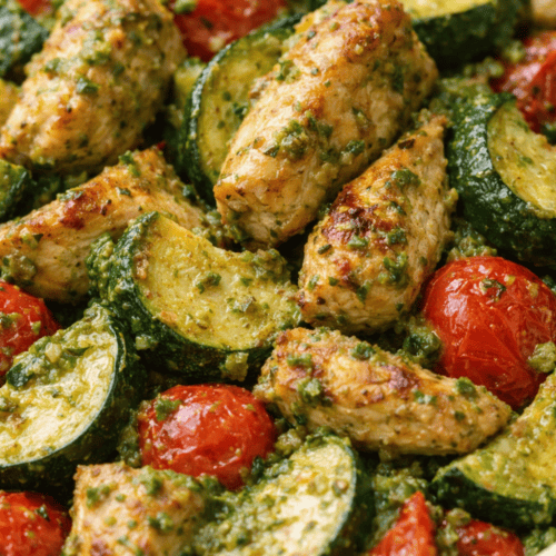 Nahaufnahme One Pot Pesto Pfanne Airfryer mit saftigem Hähnchen Zucchini Kirschtomaten und frischem Pesto