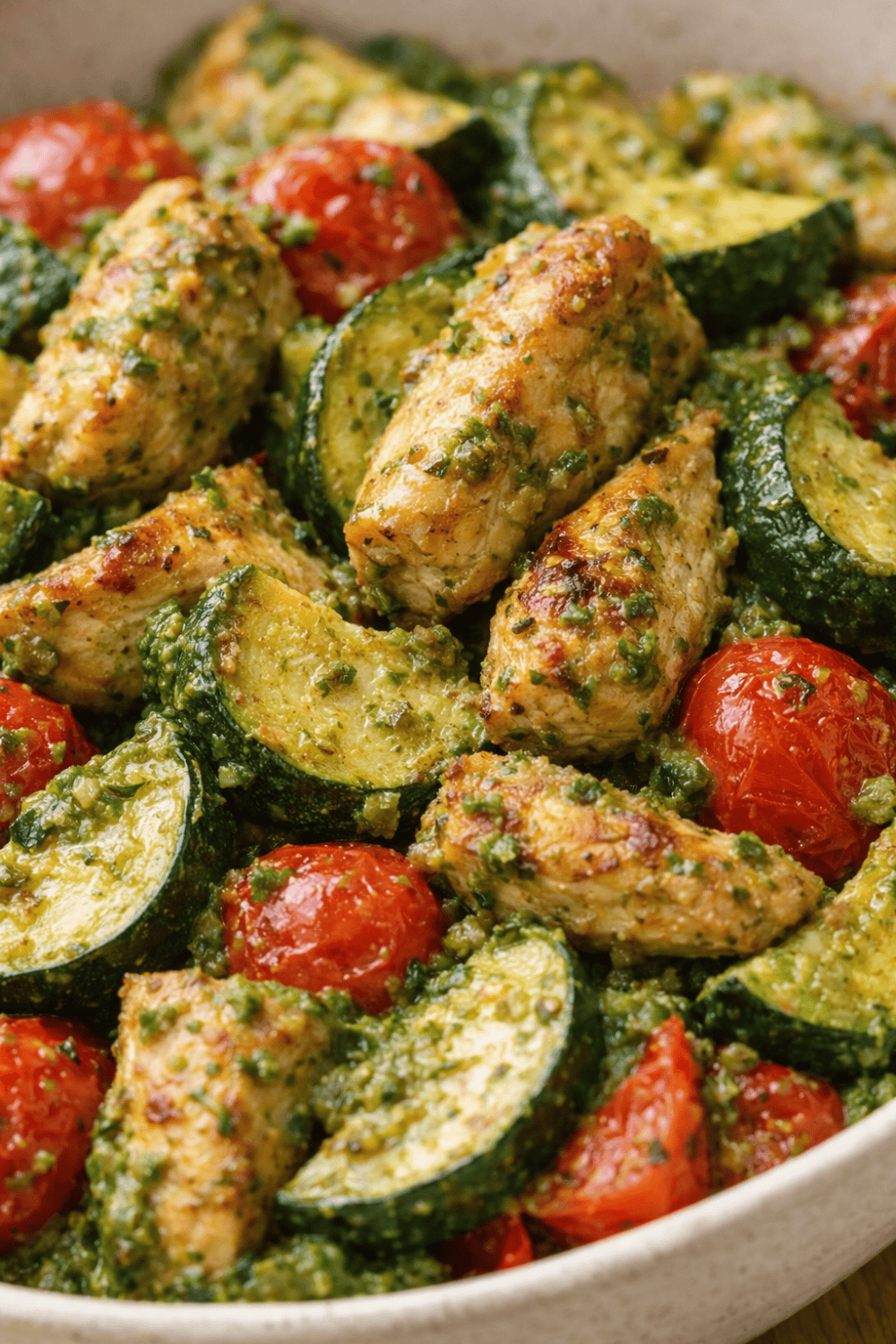 Nahaufnahme One Pot Pesto Pfanne Airfryer mit saftigem Hähnchen Zucchini Kirschtomaten und frischem Pesto