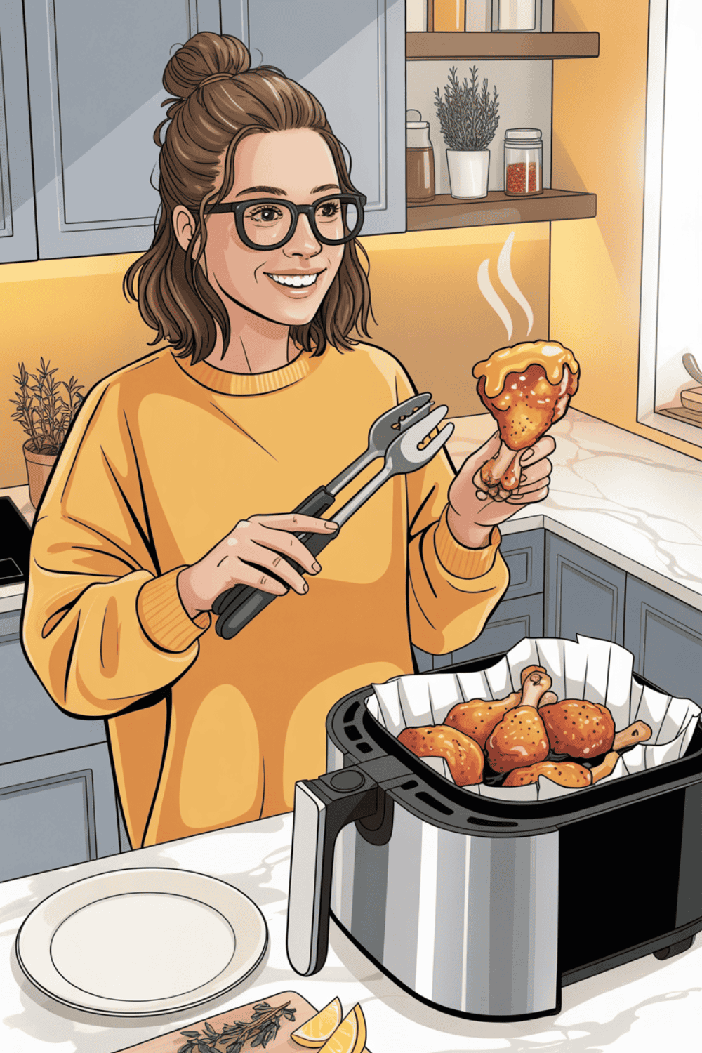 Frau entnimmt knusprige Hähnchenkeulen mit Küchenzange aus Heißluftfritteuse mit Backpapier-Einlage – praktische Anwendung von Backpapier im Airfryer