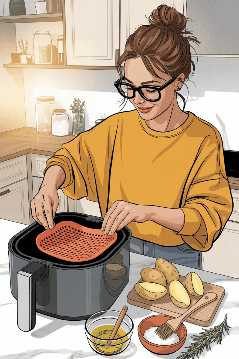 Frau legt perforierte Silikonmatte in schwarzen Airfryer ein – Vorbereitung für knusprige Kartoffeln in der Heißluftfritteuse