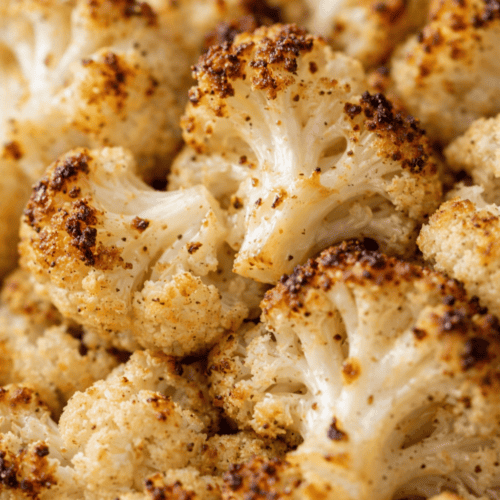 Goldbraun geröstete Blumenkohlröschen aus der Heißluftfritteuse mit knusprigen Rändern und Gewürzen in Nahaufnahme