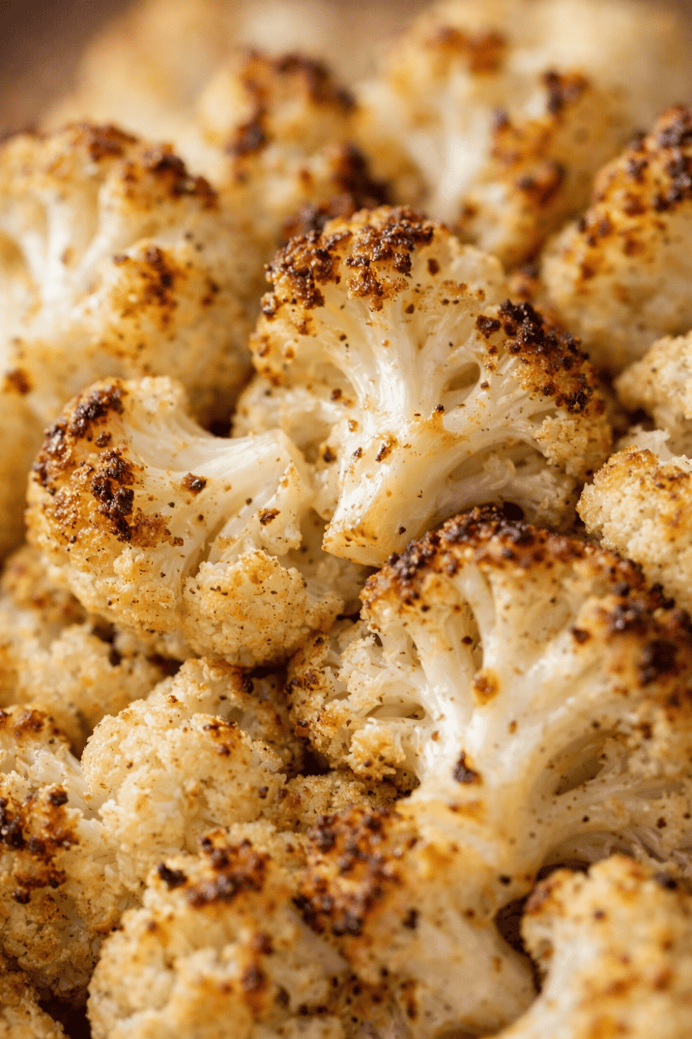 Goldbraun geröstete Blumenkohlröschen aus der Heißluftfritteuse mit knusprigen Rändern und Gewürzen in Nahaufnahme