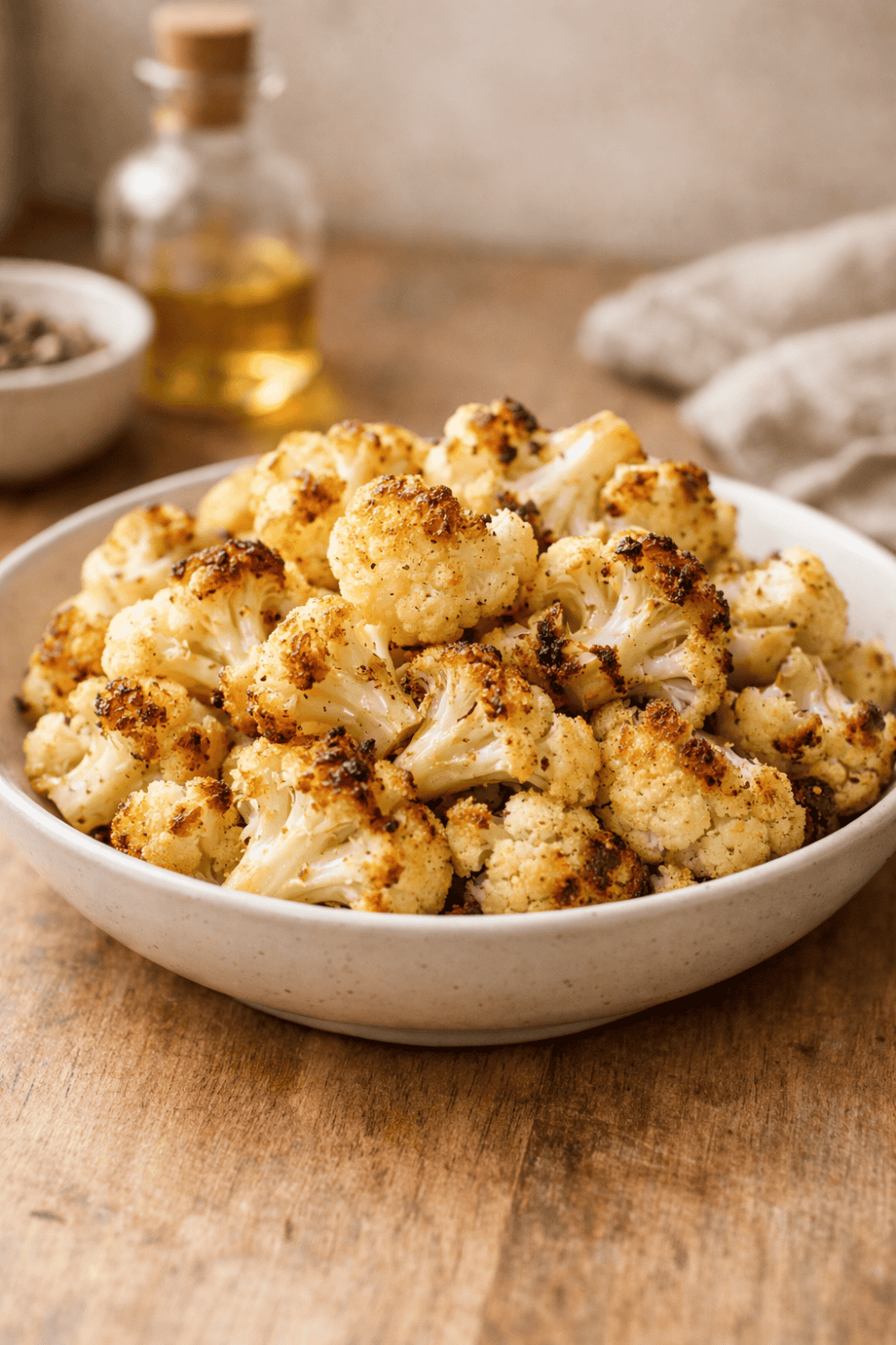 Fertig gerösteter Blumenkohl aus dem Airfryer in weißer Schüssel serviert mit Olivenöl und Gewürzen im Hintergrund