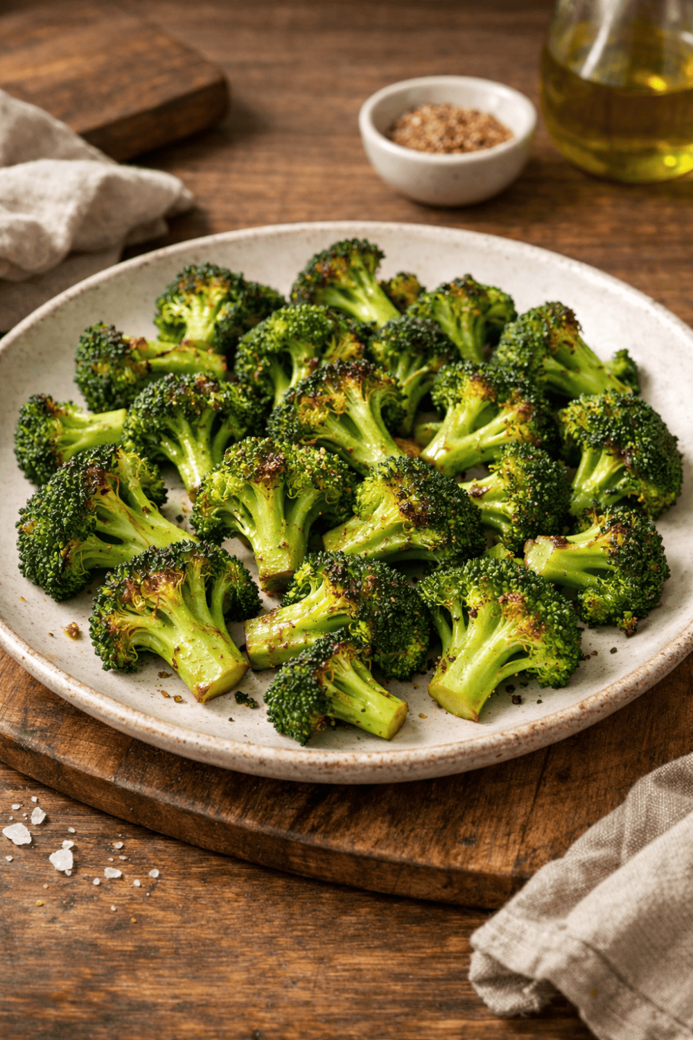 Brokkoli aus dem Airfryer, angerichtet auf einem Teller.