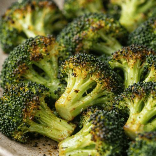 Nahaufnahme Brokkoli aus dem Airfryer, leichte Röstspuren.