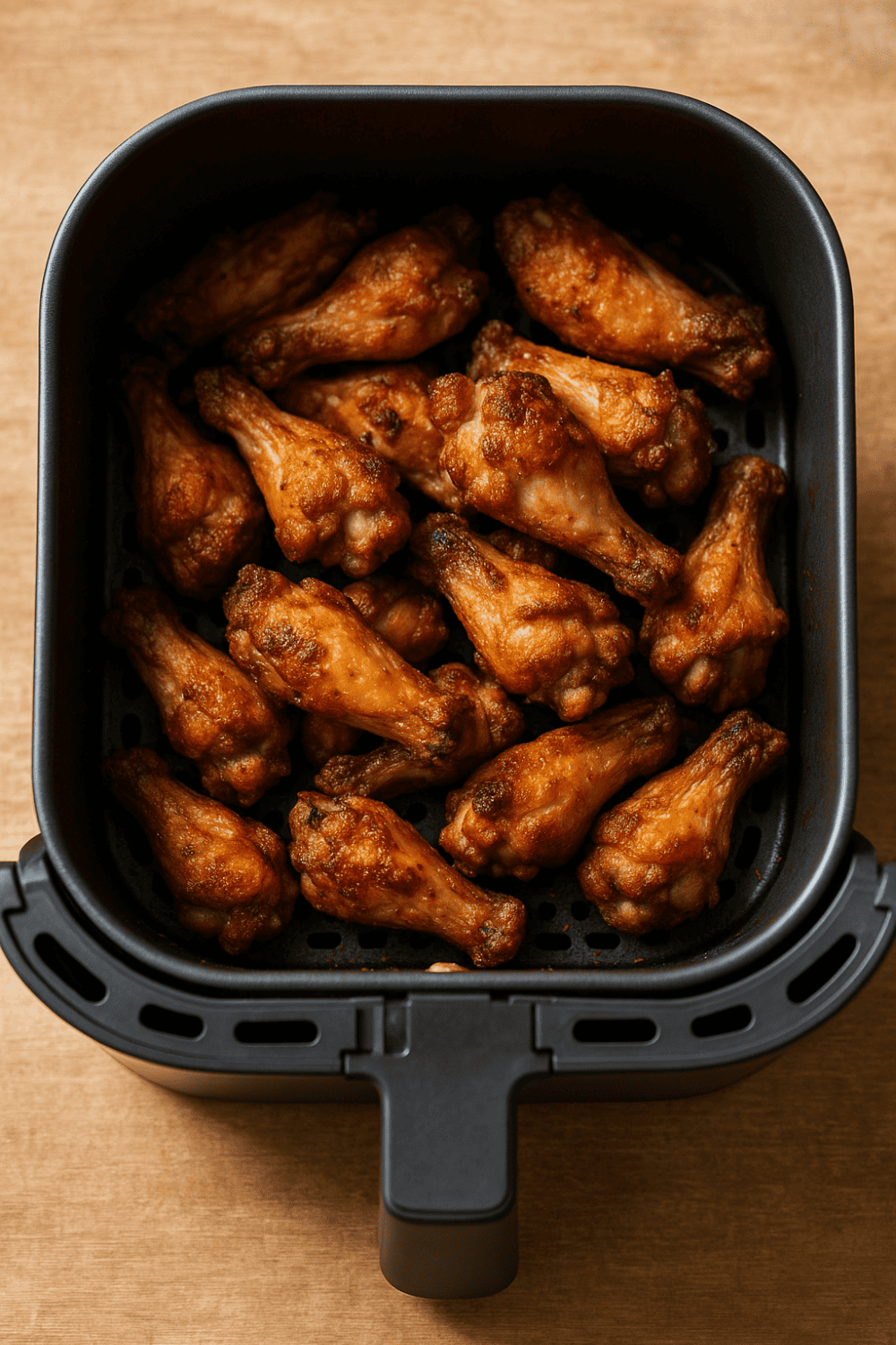 Chicken Wings im Heißluftfritteusen-Korb während der Zubereitung bei 180 Grad