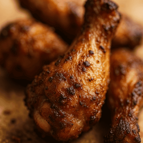 Nahaufnahme von goldbraunen knusprigen Chicken Wings aus der Heißluftfritteuse mit würziger Kruste