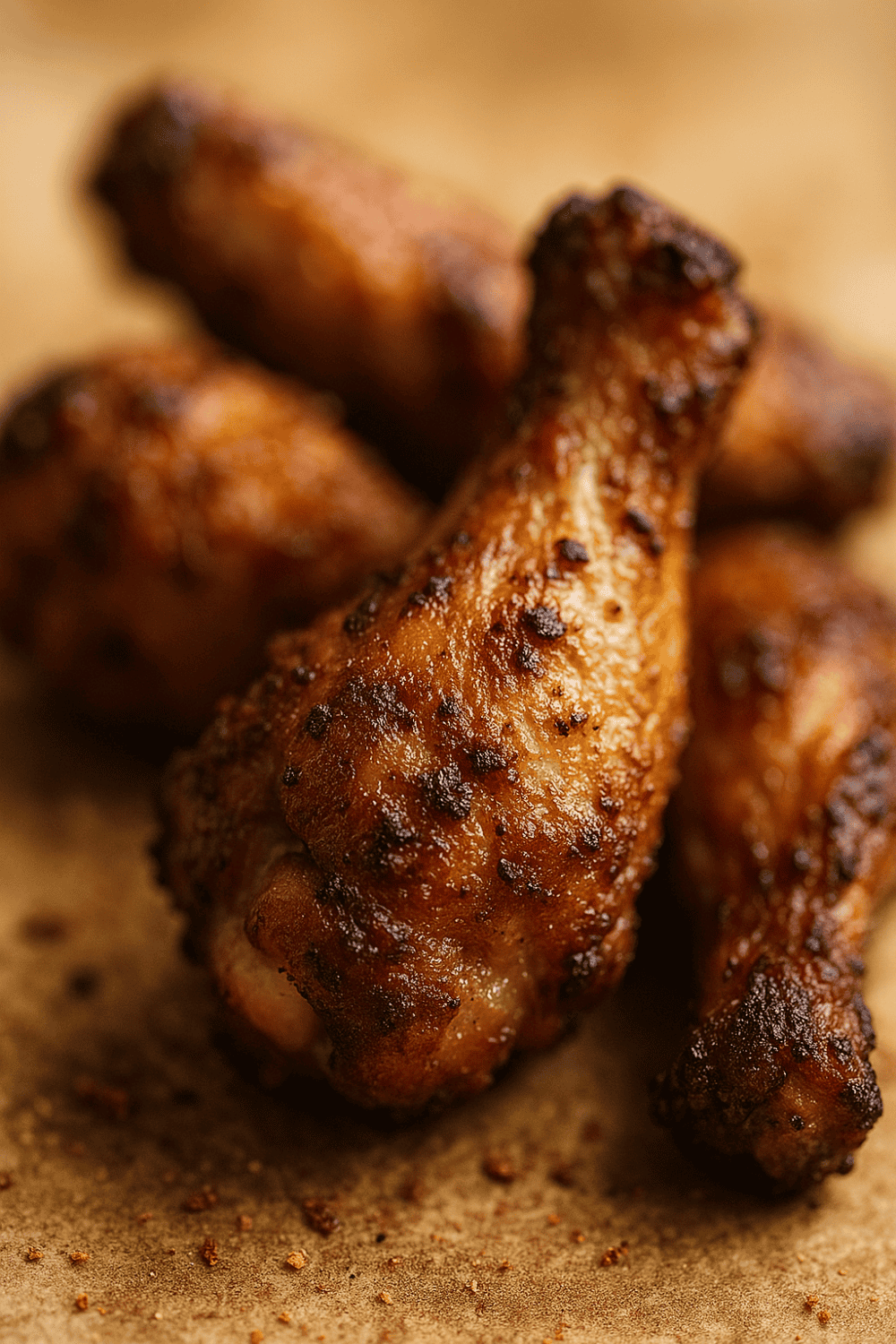 Nahaufnahme von goldbraunen knusprigen Chicken Wings aus der Heißluftfritteuse mit würziger Kruste