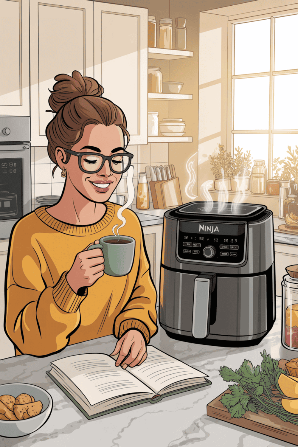 Airfryer Garzeiten-Tabelle studieren – Ninja Heißluftfritteuse mit Rezeptbuch in der Küche