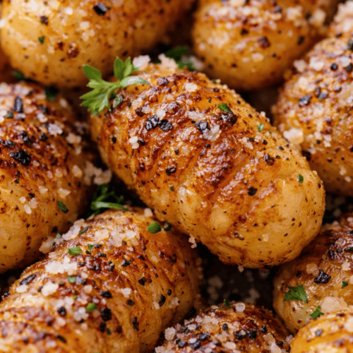 Nahaufnahme von goldbraunen Gnocchi-Pommes aus dem Airfryer mit Parmesan und Gewürzen bestreut