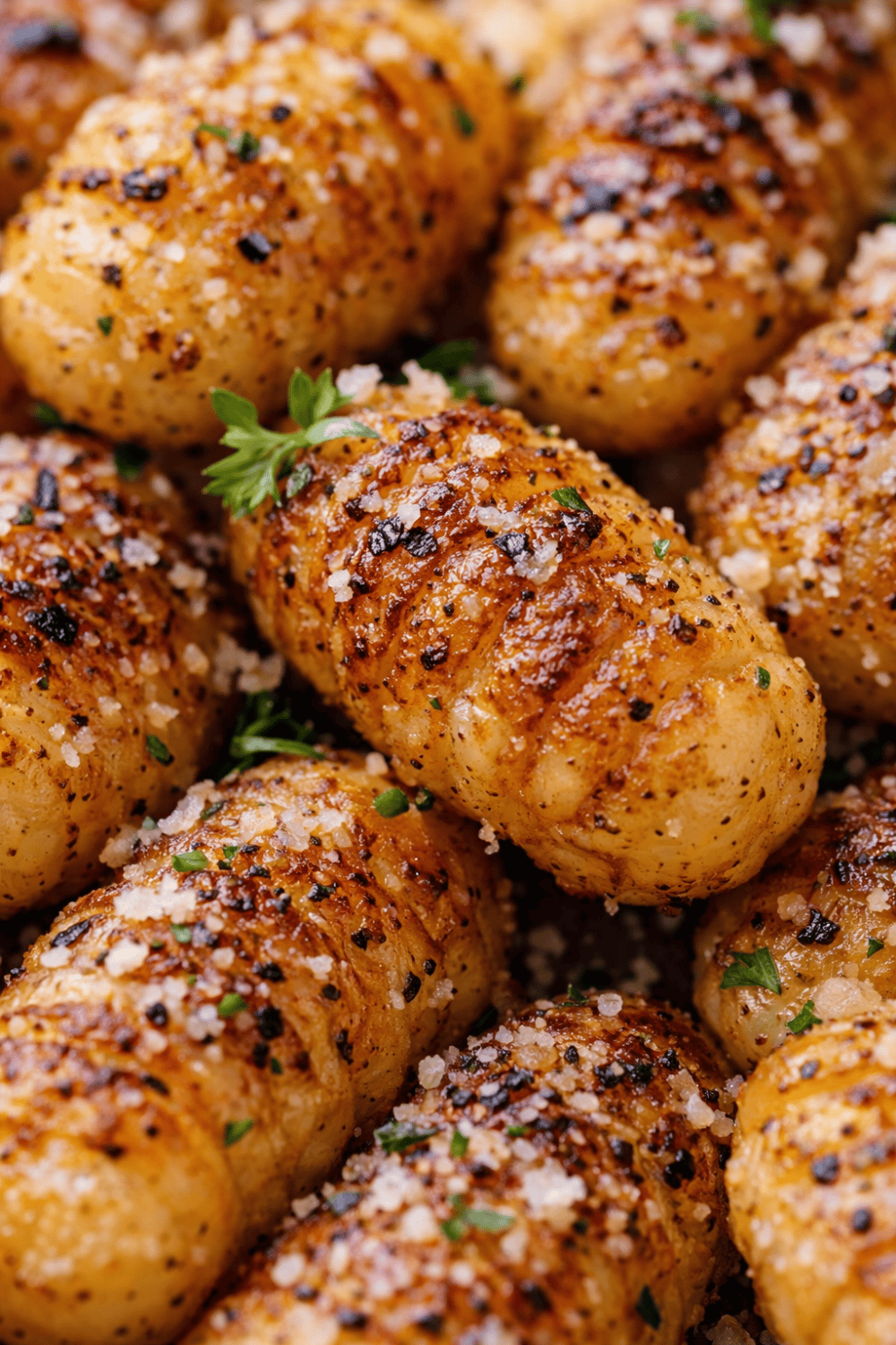 Nahaufnahme von goldbraunen Gnocchi-Pommes aus dem Airfryer mit Parmesan und Gewürzen bestreut