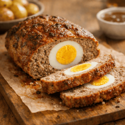 Angeschnittener falscher Hase aus der Heißluftfritteuse auf Holzbrett mit sichtbaren hart gekochten Eiern in der Mitte, goldene Kartoffeln und Sauce im Hintergrund