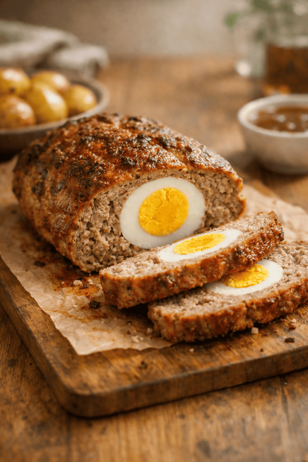 Angeschnittener falscher Hase aus der Heißluftfritteuse auf Holzbrett mit sichtbaren hart gekochten Eiern in der Mitte, goldene Kartoffeln und Sauce im Hintergrund