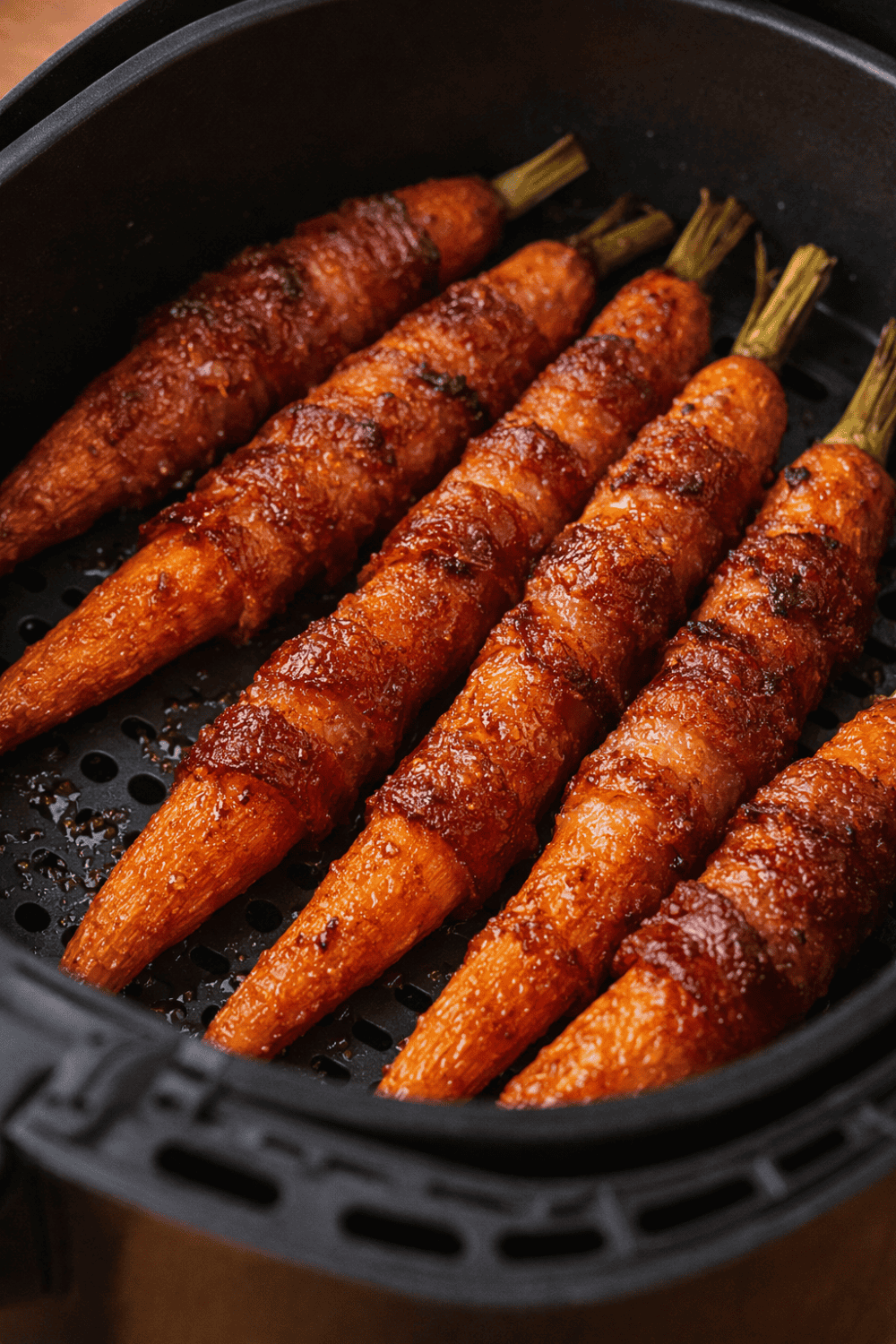 Fertig gegarte Honey-Bacon-Karotten im schwarzen Airfryer-Korb nach 15 Minuten Garzeit