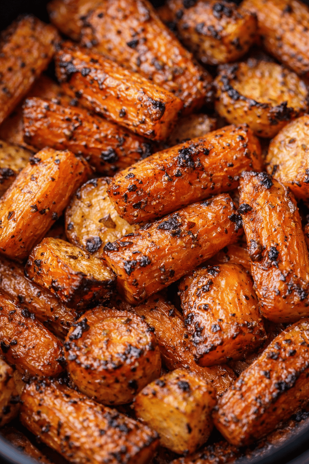 Nahaufnahme von knusprig gerösteten Karottensticks mit karamellisierten Röstaromen und Gewürzen, perfekt gegart in der Heißluftfritteuse