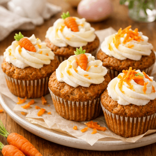 Saftige Karottenmuffins aus dem Airfryer mit cremigem Frischkäse-Frosting und Karotten-Dekoration, serviert auf weißem Teller mit Oster-Dekoration und frischen Karotten