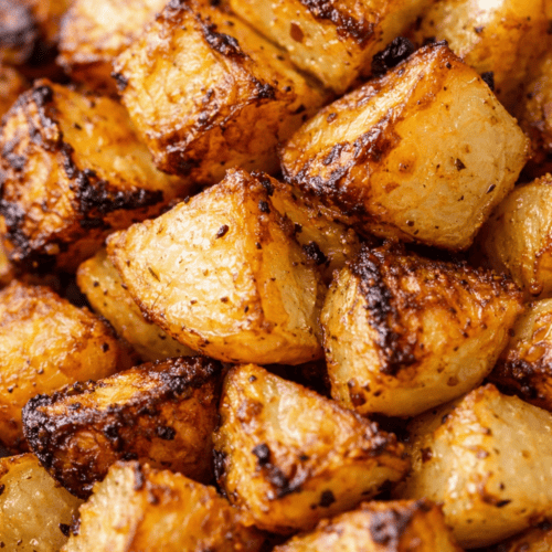 Nahaufnahme von kroß gebratenen Kartoffelwürfeln aus der Heißluftfritteuse mit karamellisierten Rändern