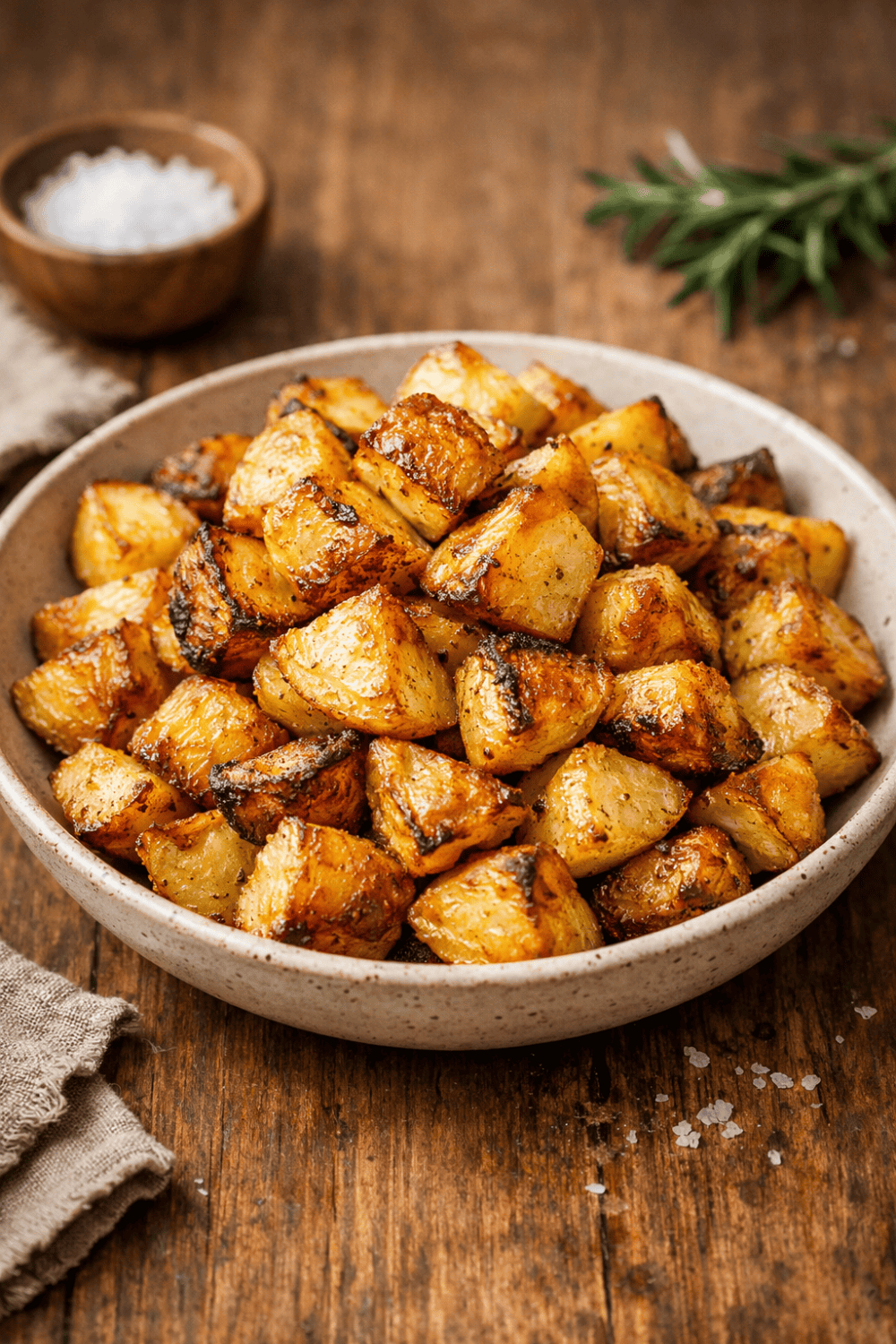 Goldbraune Kartoffelwürfel aus der Heißluftfritteuse in rustikaler Schale, knusprig geröstet mit Rosmarin und Meersalz