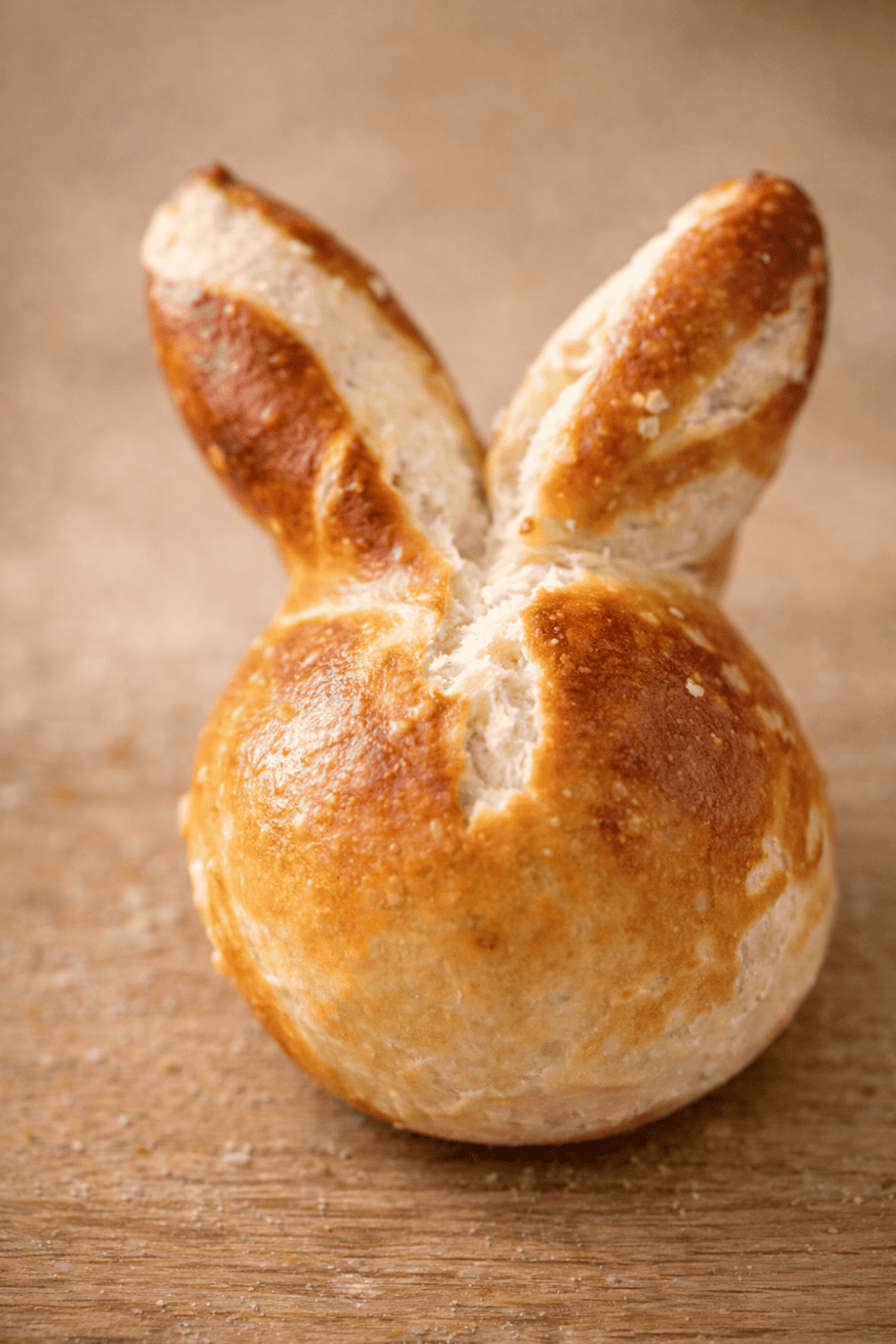 Nahaufnahme eines fluffigen Laugen-Osterhasen mit Hasenohren aus dem Airfryer