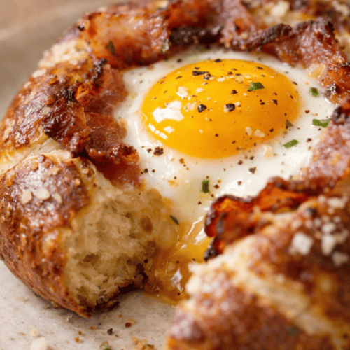 Nahaufnahme eines angeschnittenen Laugennests mit flüssigem Eigelb, das herausläuft, bedeckt mit knusprigem Bacon und frischem Schnittlauch, zeigt die fluffige Textur des Laugengebäcks