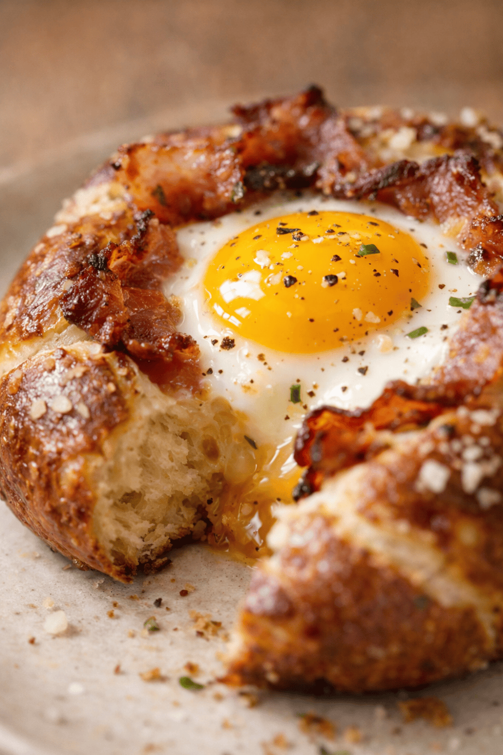 Nahaufnahme eines angeschnittenen Laugennests mit flüssigem Eigelb, das herausläuft, bedeckt mit knusprigem Bacon und frischem Schnittlauch, zeigt die fluffige Textur des Laugengebäcks