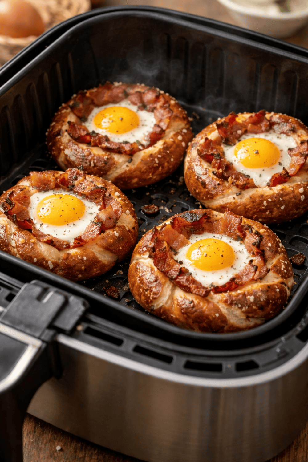 Vier frisch gebackene Laugennester mit Ei und Bacon im schwarzen Airfryer-Korb, goldbraun gebacken mit geschmolzenem Käse und knusprigem Bacon