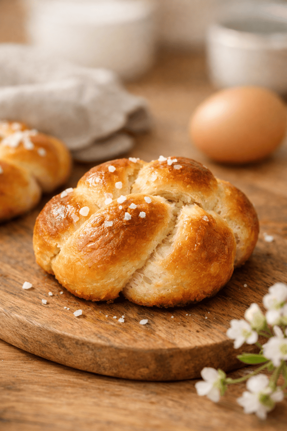 Goldbrauner Mini-Osterzopf mit Hagelzucker auf rustikalem Holzbrett, fluffige Struktur sichtbar, frühlinghafte Dekoration im Hintergrund