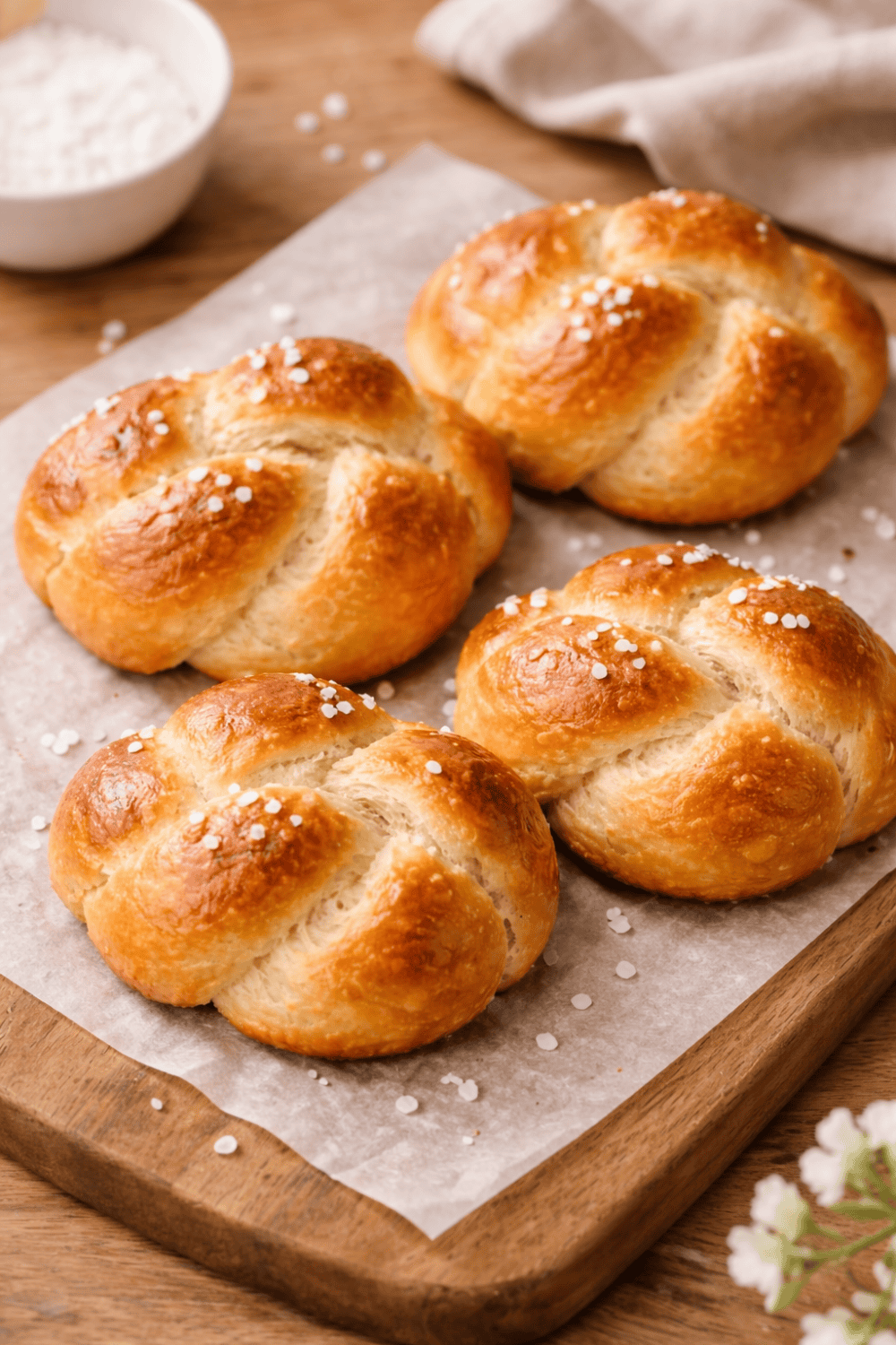 Vier selbstgemachte Mini-Osterzöpfe auf Backpapier und Holzbrett, perfekt gleichmäßig gebräunt, mit Hagelzucker, Draufsicht