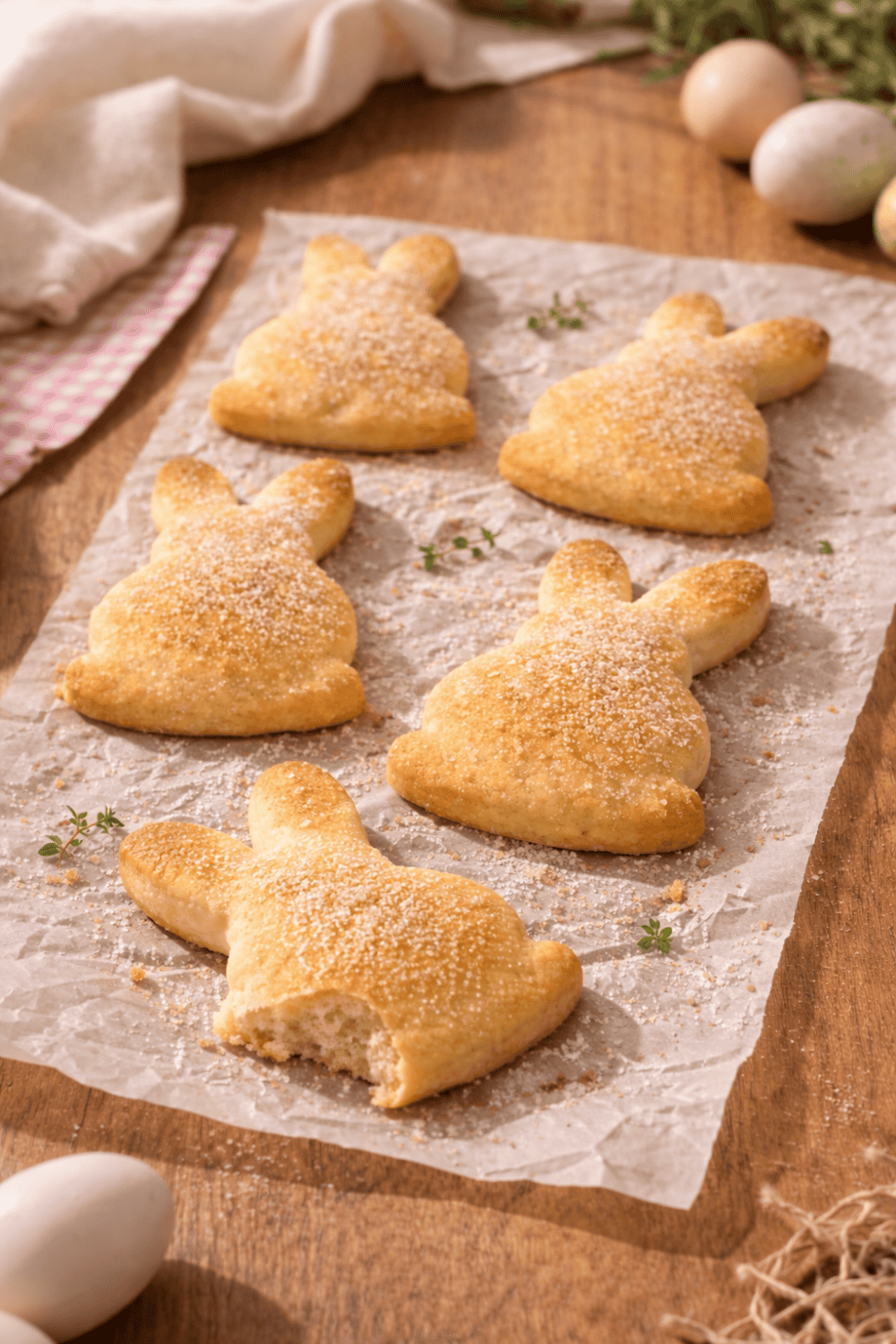 Fluffige Osterhasen aus Quark-Öl-Teig mit Puderzucker auf Backpapier, frisch aus dem Airfryer gebacken